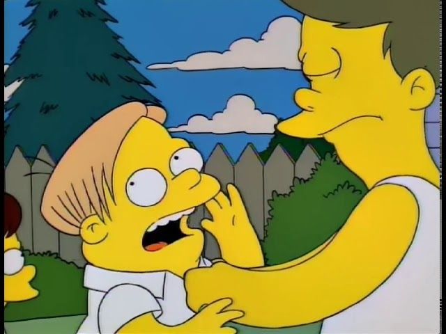 Martin Prince calling for help as a sleeveless Shelbyville bully has him by the collar