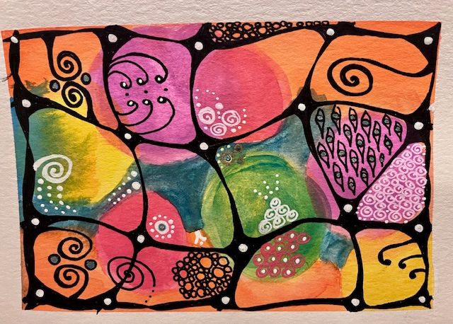 Image of watercolor painting with vibrant colors: orange, blue, green, yellow, and red and neurographic art inspired doodles with black Micron pen. Playful and whimsical design.