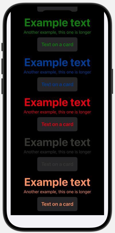 Preview screenshot showing example text views in all the different themes like green blue, red, gray and "sunset". The blue has not so great contrast against black background and the gray is close to unreadable.