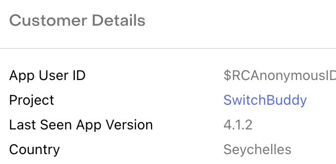 RC admin cropped screenshot showing SwitchBuddy app user located in Seychelles.