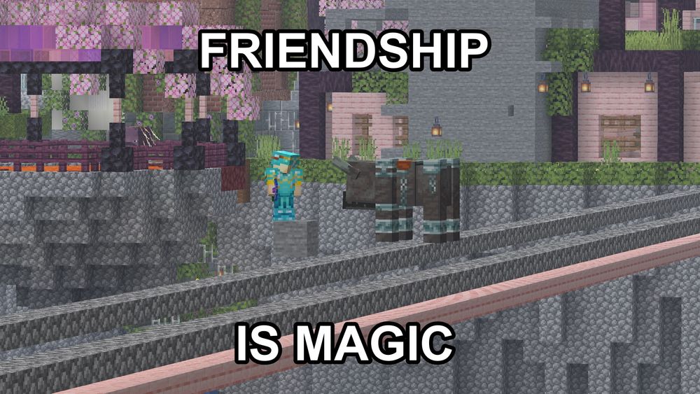 A screenshot from Minecraft where a player is face to face with a ravager that is standing on a cobblestone bridge. On the top and bottom of the screenshots are the words FRIENDSHIP IS MAGIC in all caps