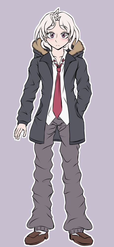 Tetsuya is a tall boy with magenta eyes, bleached white hair and slight bags underneath his eyes. His hair is thick and wavy, with a middle part and one strand of hair that sticks directly up before drooping back down. he wears a white shirt and a reddish-magenta tie underneath a dark grey coat, with a large fur hood. He wears baggy grey lounge pants, white socks and grey slip on shoes.