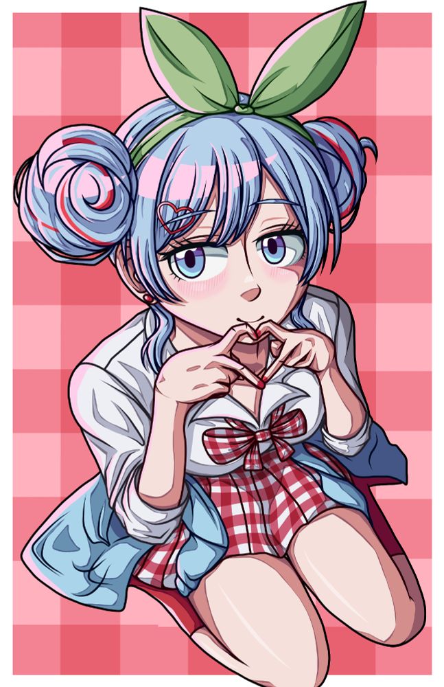 The Miku design from Cherry Pop (DECO*27). She is kneeling down and looking slightly upwards while forming a heart shape with her hands.