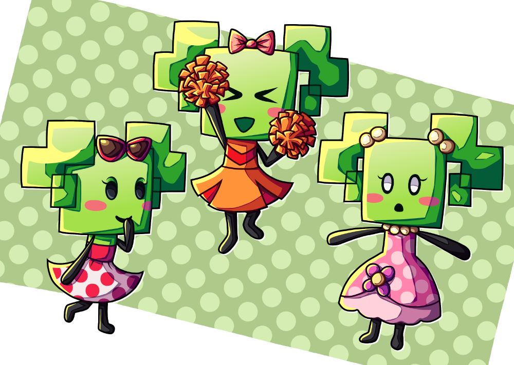 3 illustrations of Mimi from Super Paper Mario. 
The leftmost one is of her in her summer outfit, giggling to herself. 
The middle one is of her in her cheerleader outfit, holding up two pom-poms in the air. 
The rightmost one is her in her fancy pink dress, shocked.