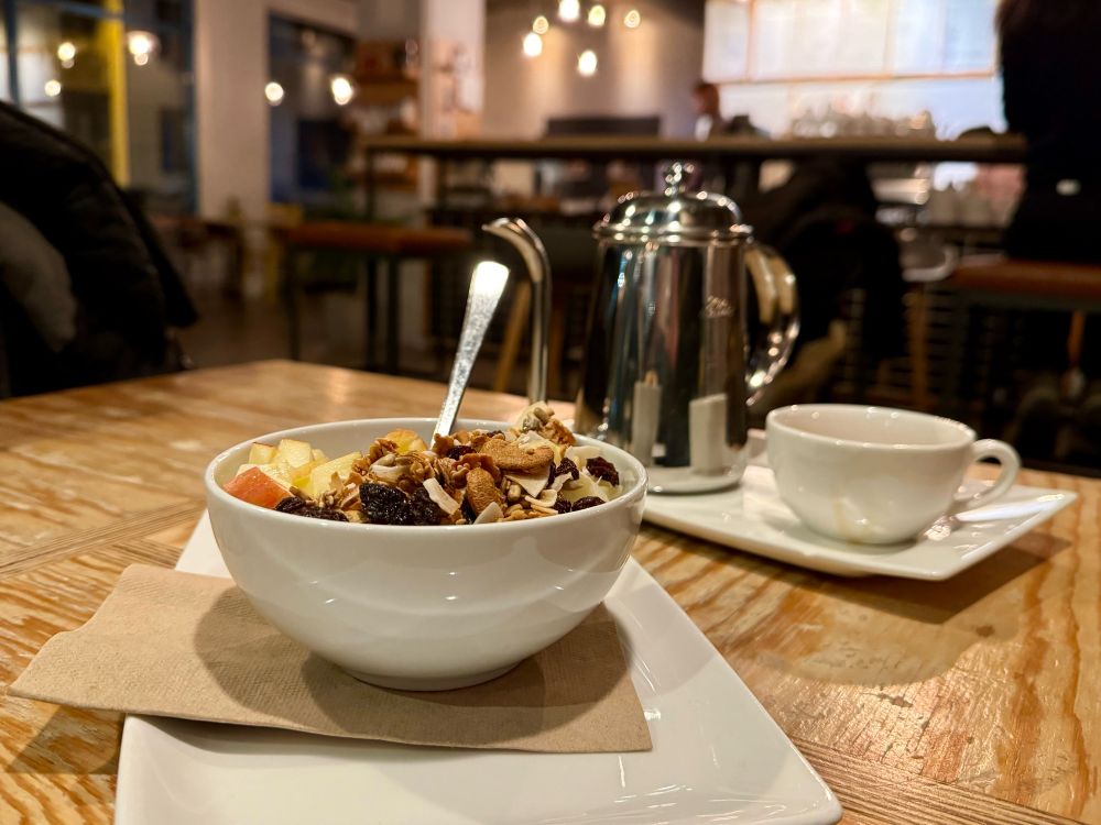 Bowl of chia porridge and coffee