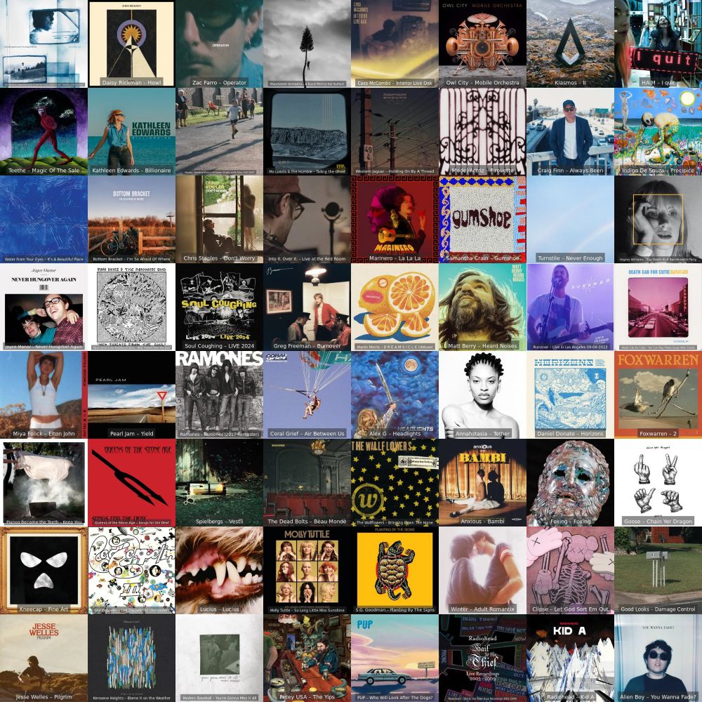 a grid of 64 albums, including but not limited to TWIABP&IANLATD, Daisy Rickman, Zac Farro, Cass McCombs, Kiasmos, HAIM, Teethe, Kathleen Edwards, Craig Finn, Indigo De Souza, Bottom Bracket, Into It. Iver It., Marinero, Samantha Crain, Hayley Williams, Joyce Manor, Ryan Davis & the Roadhouse Band, Greg Freeman, Matt Berry, Pearl Jam, Ramones, Annahstasia, Fox Warren, QOTSA, The Wallflowers, Anxious, Foxing, Goose, Kneecap, Lucius, SG Goodman, Winter, Good Looks, Jesse Welles, Kerosene Heights, Petey USA, PUP, Radiohead, Alien Boy