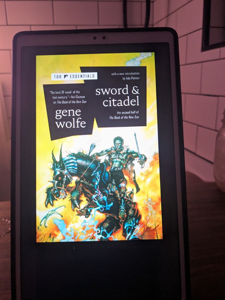 the cover of the sword & citadel ebook, a green skinned warrior rides some kind of an armored black war beast as it rears