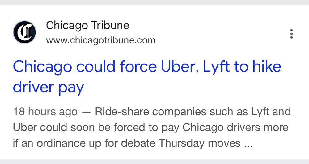 Chicago Tribune headline describing a potential Chicago ordinance requiring a raise for Lyft and Uber drivers. 