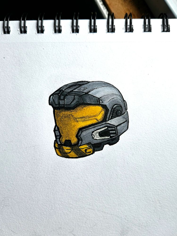 A drawing of the JFO helmet from Halo Infinite with "the Mok coating" paint.