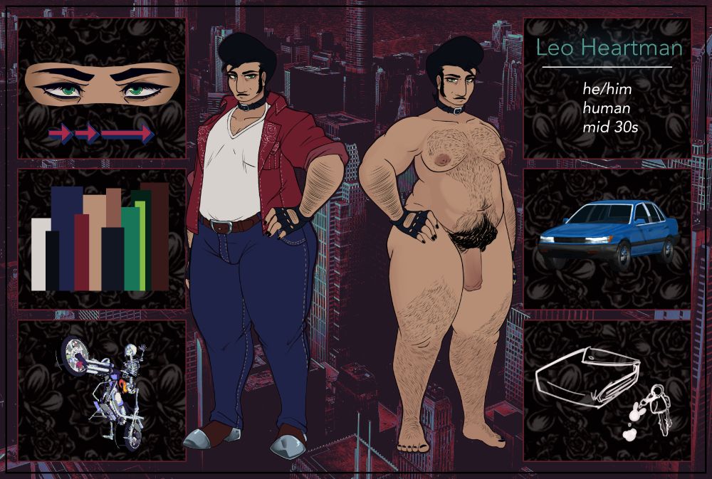 A ref sheet for the character Leo Chambers. A tall, built man with a tummy wearing a red leather jacket and a black pompadour with sideburns. He also wears black fingerless gloves and a choker.