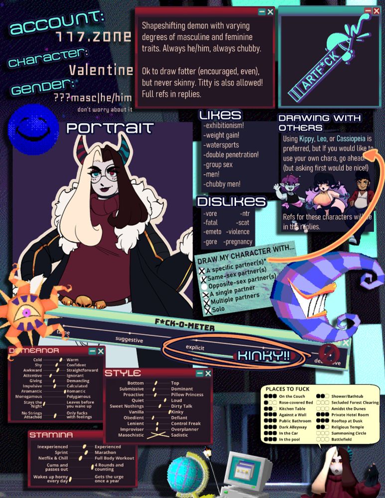A character card for Val's sona. It details his personality, sexual preferences and habits. In his "who to draw him with" box, chibi representations of the characters Kippy, Cassie & Leo appear below the written answer.