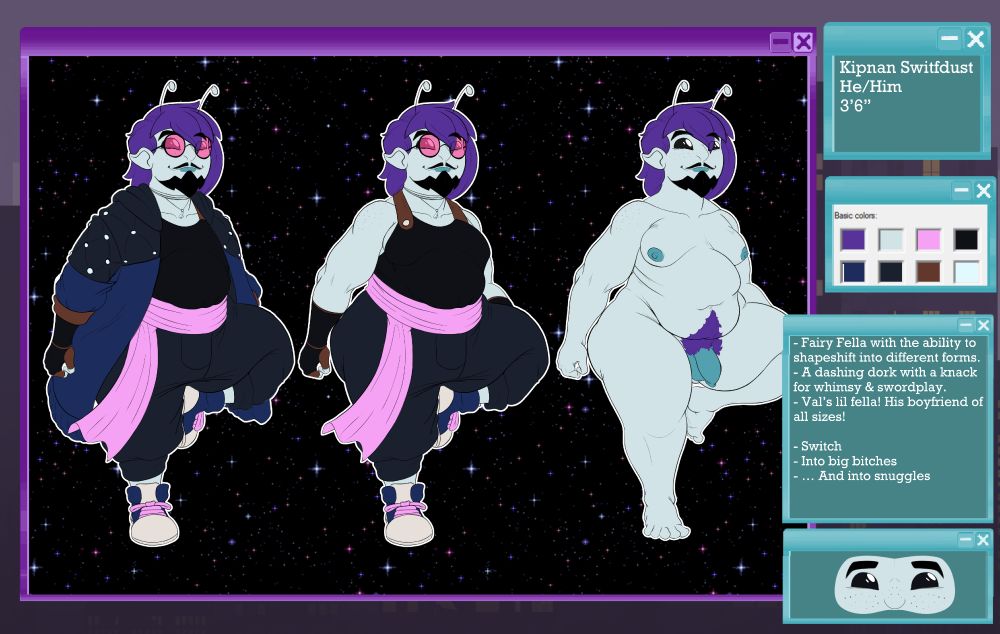  A ref sheet for the sona of the artist Doon, named Kipnan. A short, plump fairy boy with long purple hair, and freckles across his baby blue skin. He wears a big blue coat over a black tank top and pink sash wrapped around his tummy.