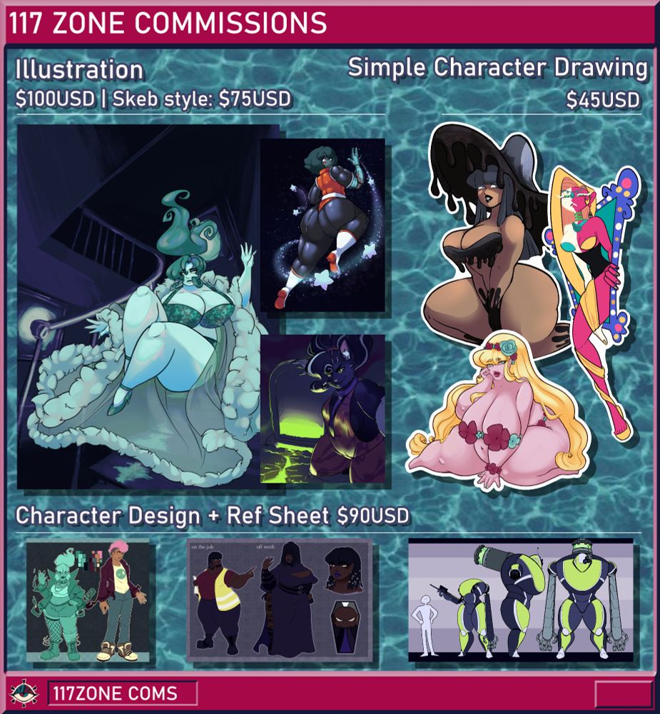 commission info graphic that looks like a really stylized old computer window, it's a cool tone red border, with a tiling ocean background. the information is: illustrations are $100 normally, with a $75 skeb version. simple character art is $45, and character design + a ref is $90