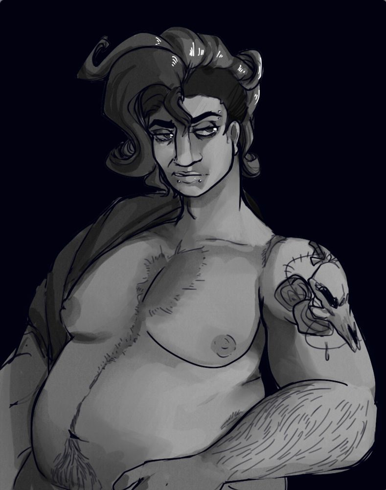 A bulky, pale skinned man looks towards the camera in a disgruntled look, wearing nothing except for the shirt that drapes over his shoulder. On his other shoulder is a tattoo featuring a bovine skull and roses, decorating his skin along side the hair on his arms and stomach, which shares space with the wide scar in the middle of his chest. His hair is styled as a mohawk, curving to one side, framing his lightly pierced face.