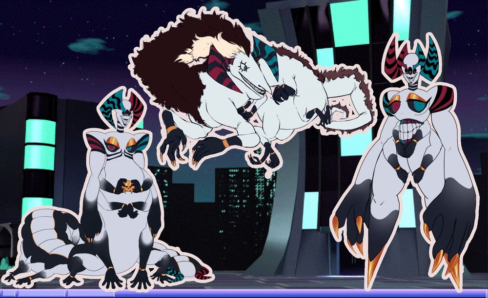 Three monstrous forms Val's sona can take on! On the left & right are two humanoid creatures, both with large horns, 3 eyes and a huge toothy grin. One has a lowerhalf reminiscent of a centiepede, whereas the other has sharp, fingernail like legs, with one large pair of arms over 2 small pairs beside his waist made of teeth. In the middle is a form that's similar to a dragon, with extra pairs of arms goings across the underside of his monochrome body. His face is humanoid but stretched with a wide grin and piercing eyes. On top of him is a huge, wild bed of brown and blond hair that covers the top of his body from head to tail.