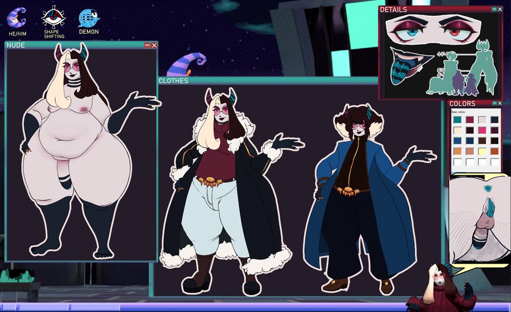 A ref sheet for the two versions of Val's sona. Both are plump, horned men with long coats and round, rose tinted glasses. one has long brown hair with a highlight on one of his bangs, wearing a maroon sweater under his black, fur collared coat. The other has hair that's wide, the highlights being underneath the bed of hair, as he wears a sleek, blue coat.