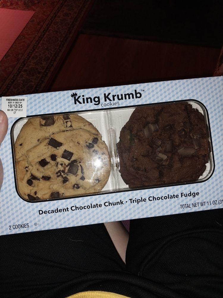 Photo of Walmart giant cookies, chocolate chip and triple chocolate fudge. They call them "King Krumb" to indicate they are competition for Crumbl Cookies 