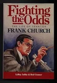 The cover of "Fighting the Odds: The Life of Senator Frank Church" depicting a drawing of Frank Church giving a speech