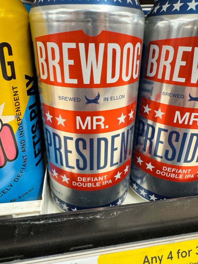 Cans of a Brewdog IPA called Mr President with a design slightly reminiscent of the Confederate flag