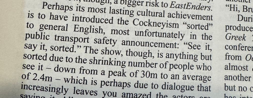 Review says EastEnders responsible for popularising the word “sorted”