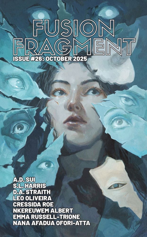 FF#26 cover. A woman's face, surrounded by broken shards of mirror and a few fragments of Noh masks. Each mirror contains a different eye. Above, two evil looking eyes peer down on the scene. Everything's rendered in light and dark blues.