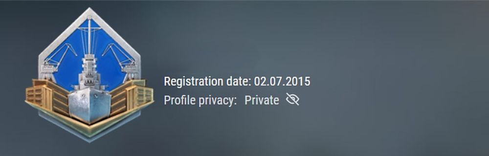 World of Warships profile badge with a silver-blue ship and dock cranes, showing “Registration date: 02.07.2015” and “Profile privacy: Private.