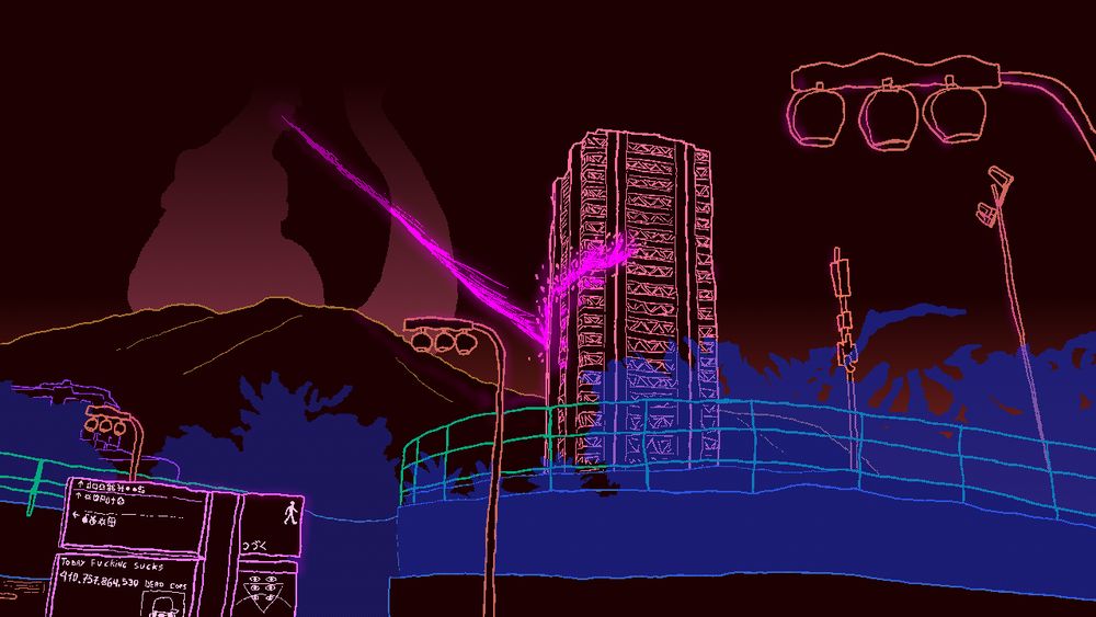 fundo escuro com linhas claras. Paisagem com prédio sendo destruido pelo bafo atômico do Godzilla. Há uma placa com textos e wingdings