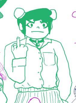 desenho de personagem com linhas verdes e fundo branco com ela mostrando dedo do meio