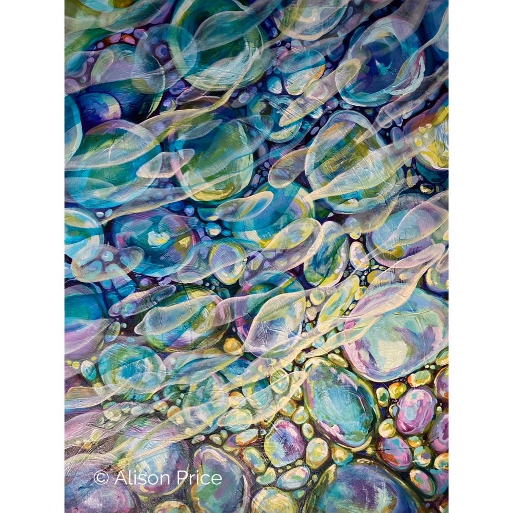 Rectangular painting with blue, green, purple, lilac, and turquoise beach glass shown under water by artist Alison Price.