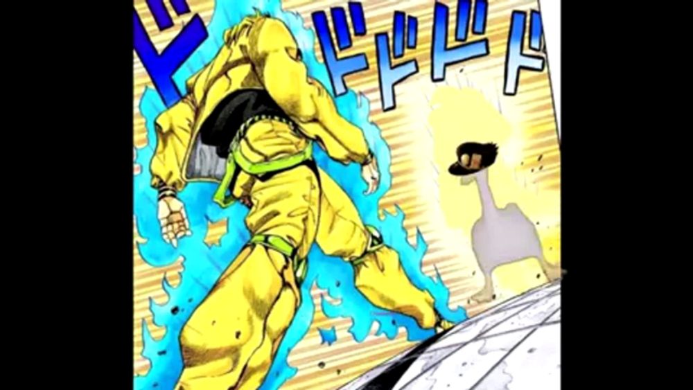 a cartoon of dio from jojo 's bizarre adventure fighting a goose with a hat .