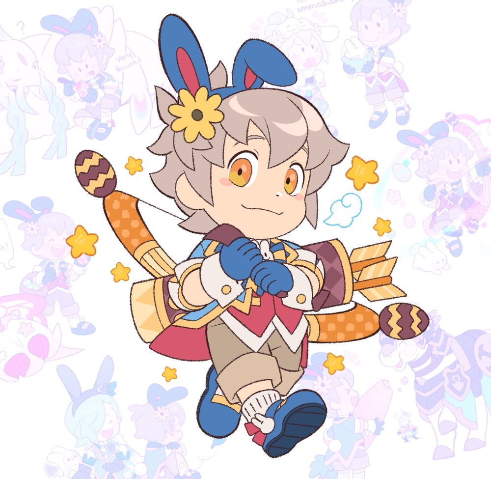 A character illustration of Kiragi from Fire Emblem Fates. Background shows different illustrations from late years Spring illustrations of a parody alt for Kiragi 