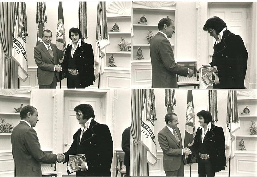 Four pictures of Elvis Presley shaking hands with Richard Nixon.  He is wearing a loose jacket draped over his back like a cape, has a white shirt with huge collar flaps, and a huge gold belt.  In some pictures he has classic Elvis glasses that I have no ability to really describe.