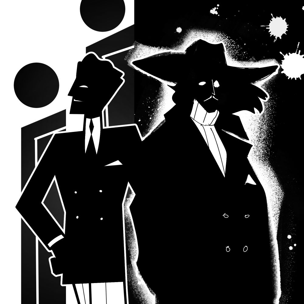 A black & white illustration of two versions of OP’s online persona character. On the left, the character is dressed in a sharp 1930's suit in an angular style. On the right, the character is depicted with longer hair, hat, overcoat, turtleneck in a more sketchy style.