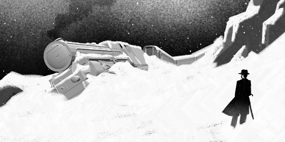 A very rough grayscale illustration of a 3d derailed Orient Express on a mountainside. Inspired by Randolph Watson's concept for Kenneth Branagh's Murder on the Orient Express adaptation.