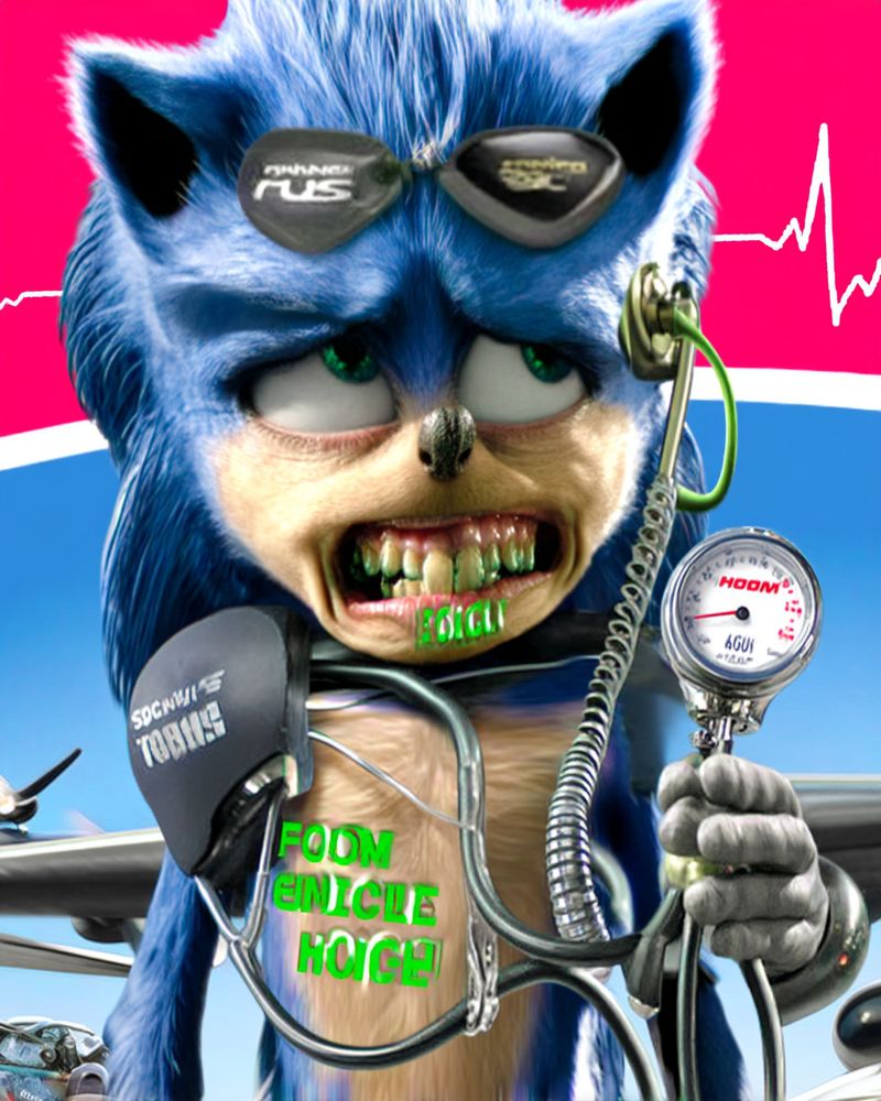 Sonic the Hedgehog wearing sunglasses and holding a blood pressure gauge. The character’s teeth are exaggerated, and some words appear in green text on its mouth and chest. 