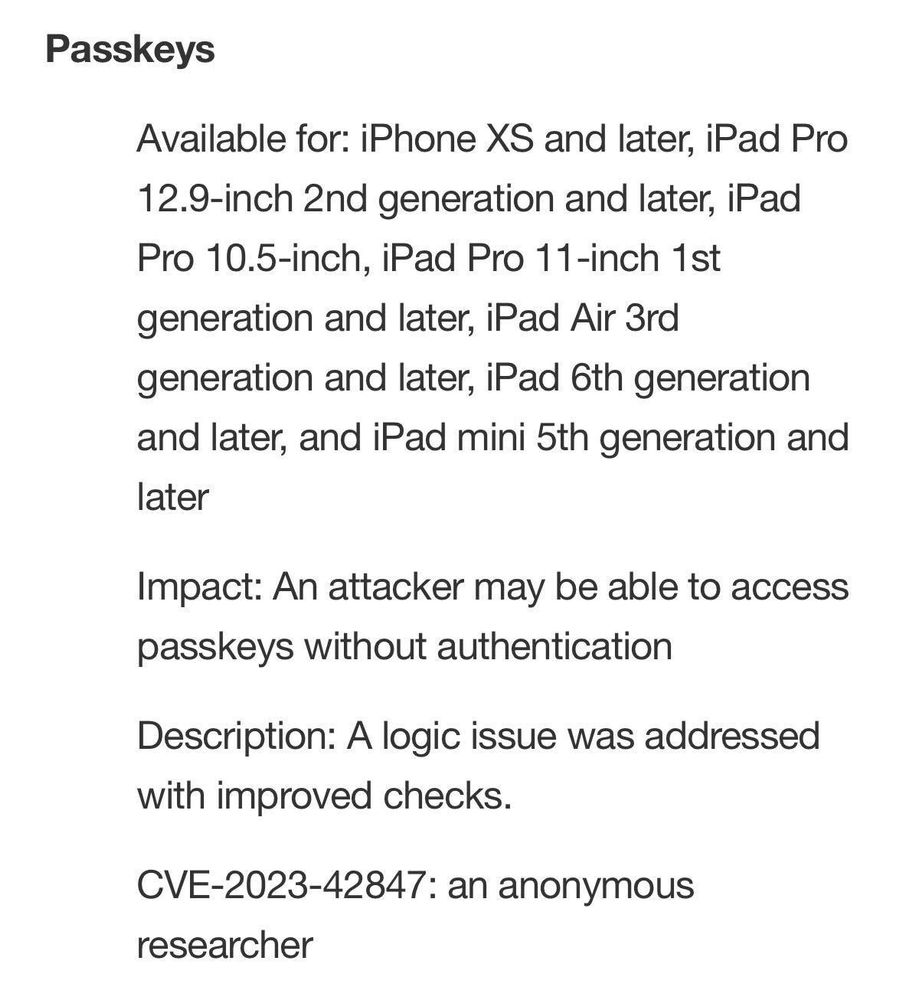 Passkeys iOS vuln description for CVE-2023-42847