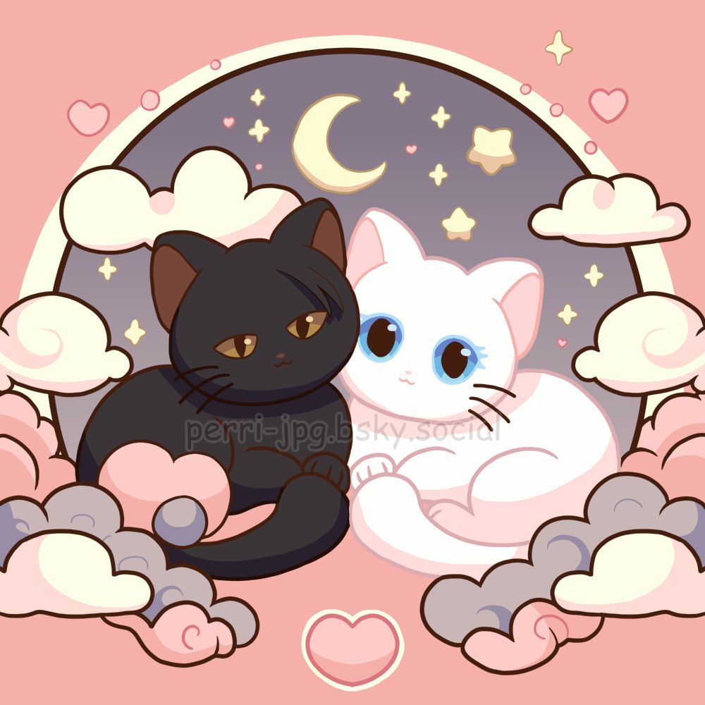illustration of cats resembling Geto and Gojo from Jujutsu Kaisen surrounded by clouds, stars, and hearts