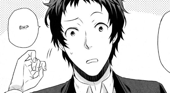 a panel of adachi from the persona 4 the animation tohru adachi comic anthology.. he is curious