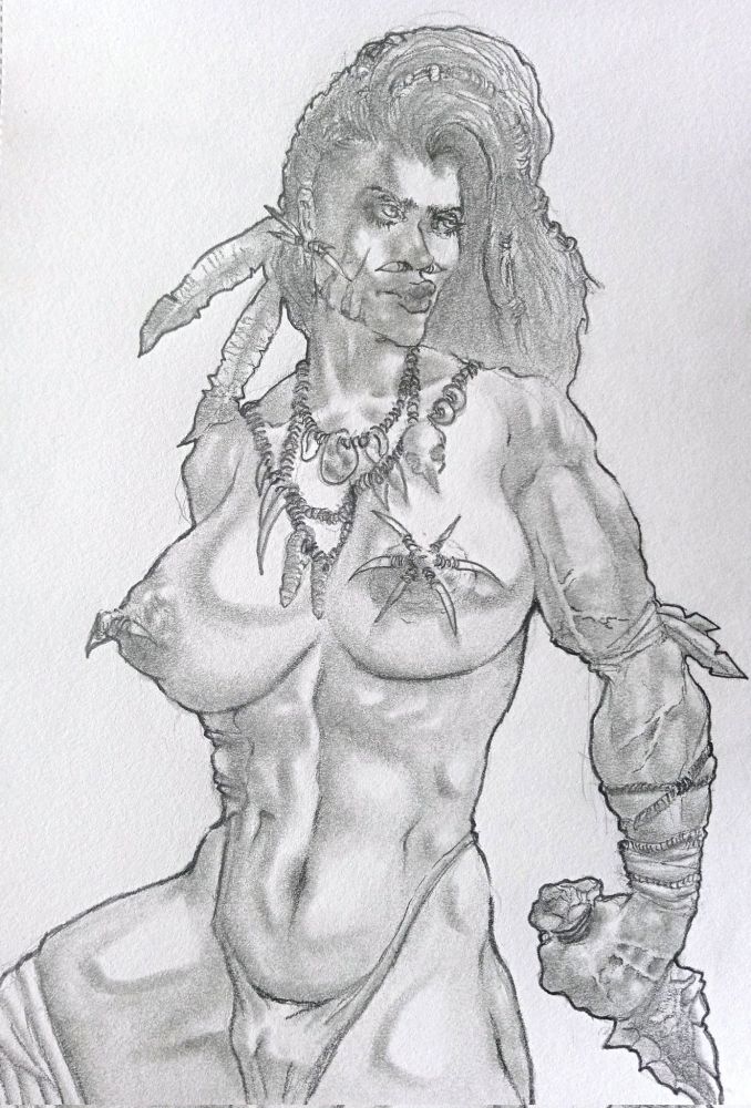 Pencil drawing of a tribal witch warrior, looking for her next victim.