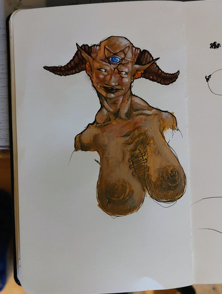 Painted partial doodle in the sketchbook, ink and acrylics. A topless demon lady, with an upside down pentagram carved in her forehead, which has a single blue eye in the middle.