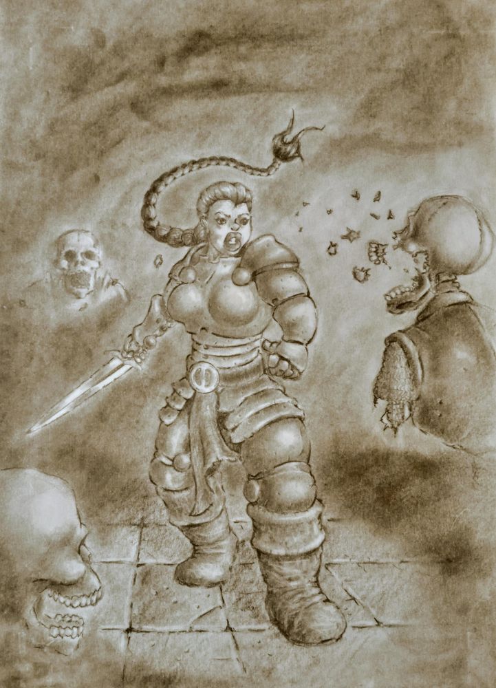 Pencil drawing of a female knight in a dark dungeon, wearing full plate and slicing a magic arming sword against ghostly skeletons, appearing from the dark around her.