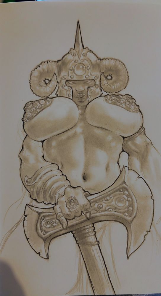 Graphite drawing of a warrior babe with big tits and a big axe, looking down at you.