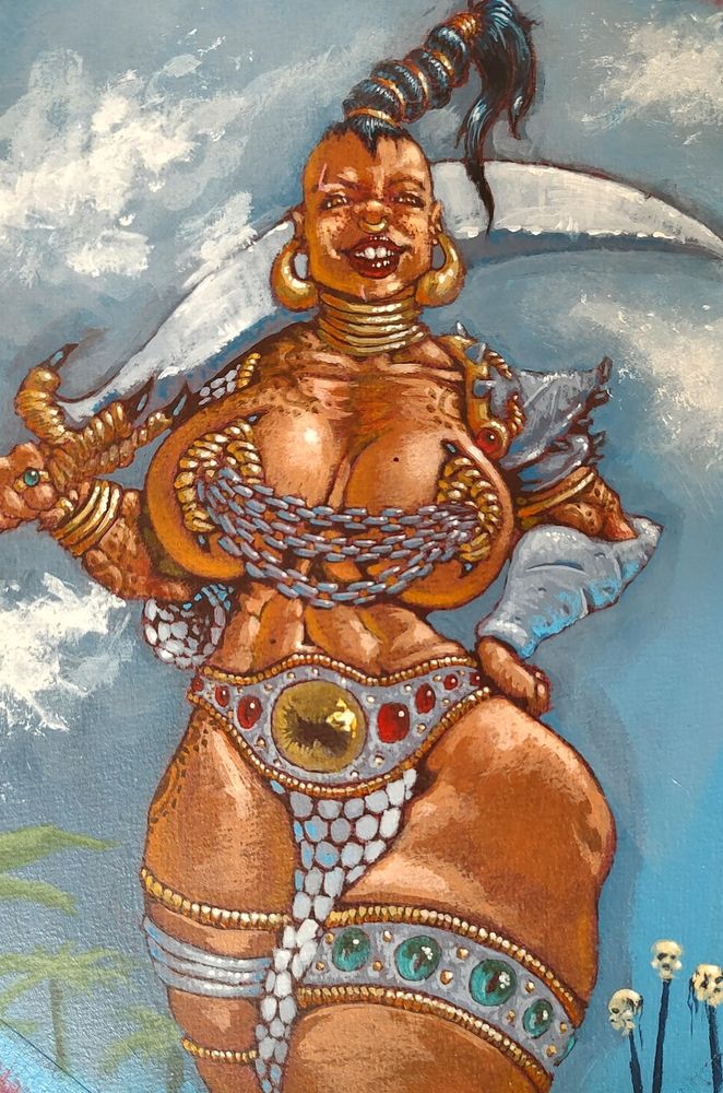 Acrylic painting of a fantasy amazon shouldering a big cleaver of a sword. 