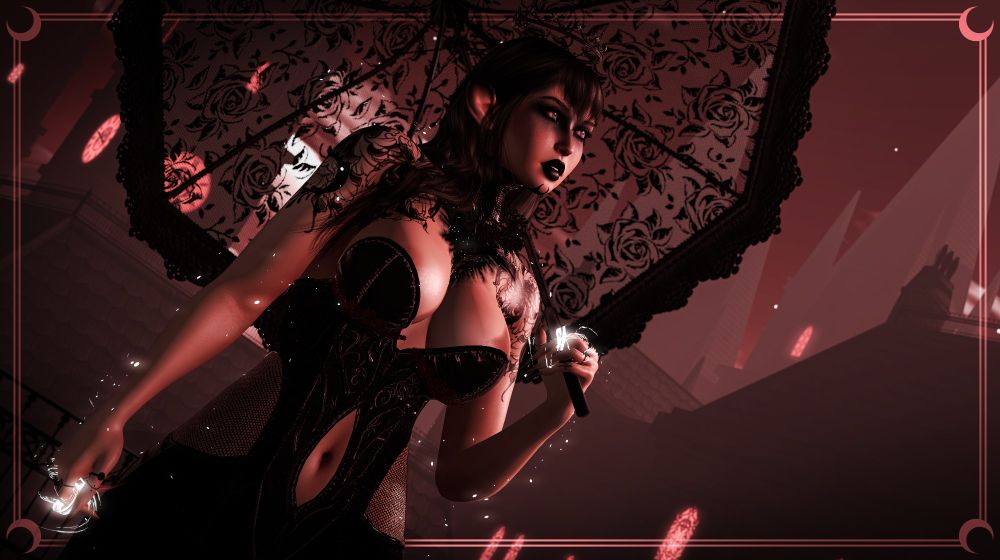 A person dressed all in revealing black clothing with a void in their chest and magic swirling around their hands rests a lace parasol against their shoulder as they gaze up at a dark red sky, bright red windows and clock faces far in the stone tower littered background illuminating the darkness.