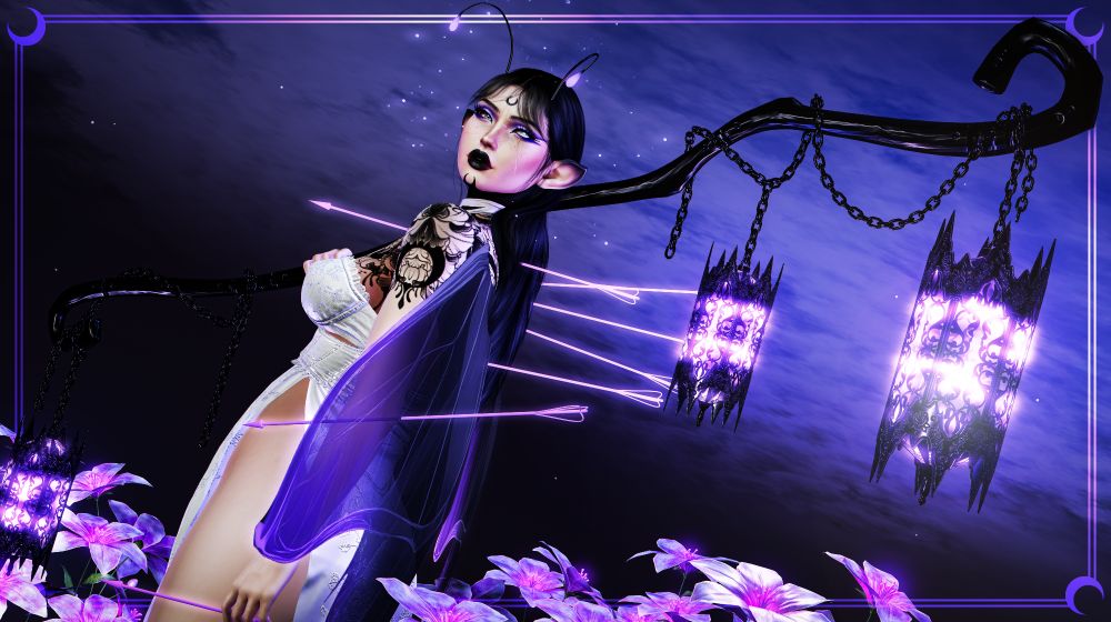 A person with purple and black antennae and moth wings stands looking over their shoulder with several glowing purple arrows piercing through their back. Several purple glowing lanterns hang from a curving staff resting against their shoulder, purple flowers glowing around their feet with a purple sky backdrop.