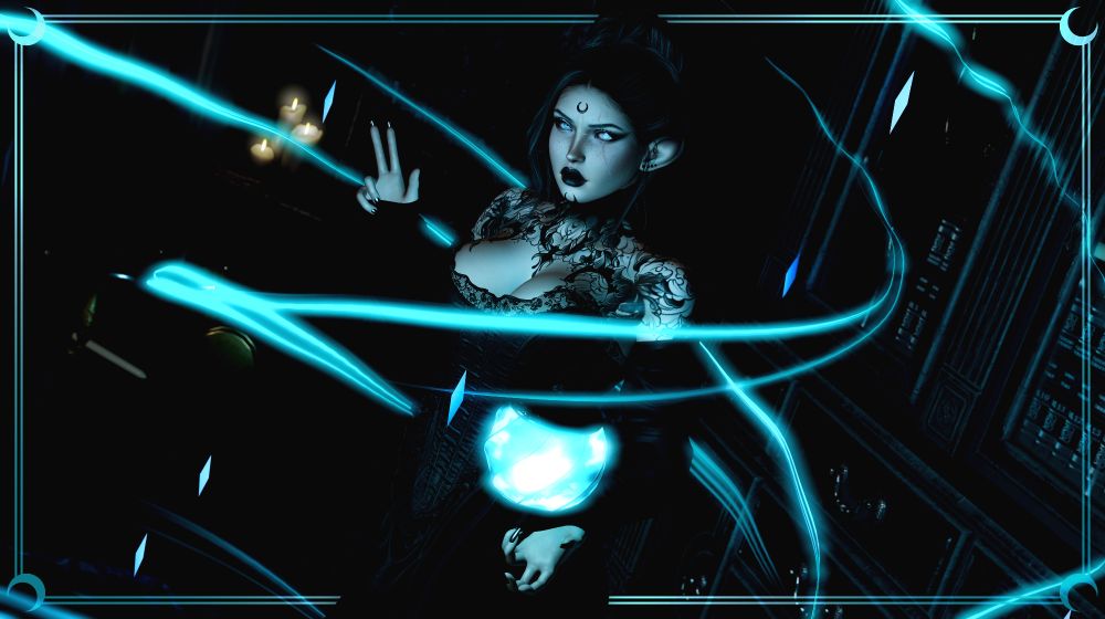a person with their hair in a messy updo wearing all dark makeup and a tight black dress stands in a dark room illuminated only by three small candles in a window in the background and by the icy blue magic orb and spell surrounding them. a tall dark cabinet full of books and oddities and a few knocked over items decorate the background.