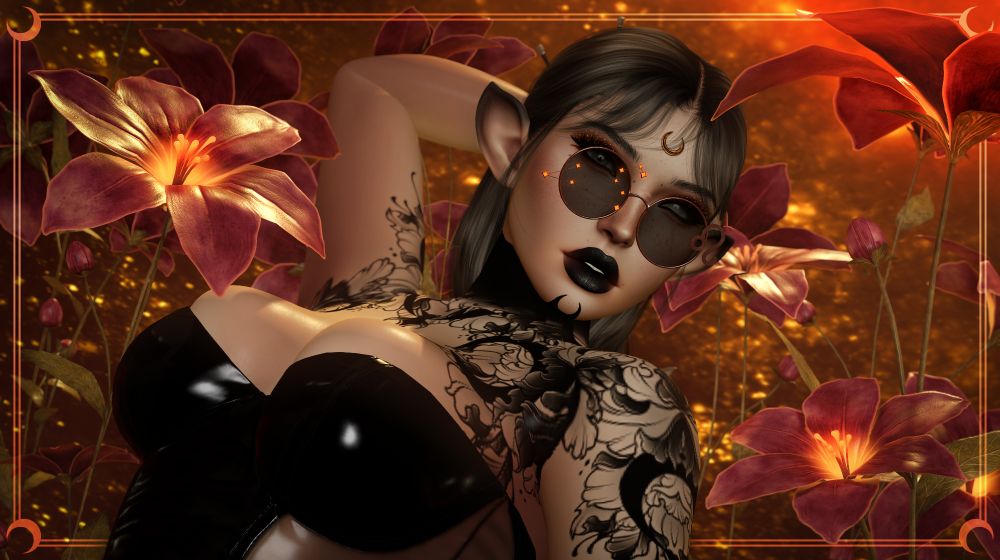 A person stands amongst glowing red and orange flowers, orange stars and light illuminating the background. They have long dark silver hair, wear dark makeup and jewelry, a tight fitting latex dress, and dark glasses bearing the leo symbol and constellation.