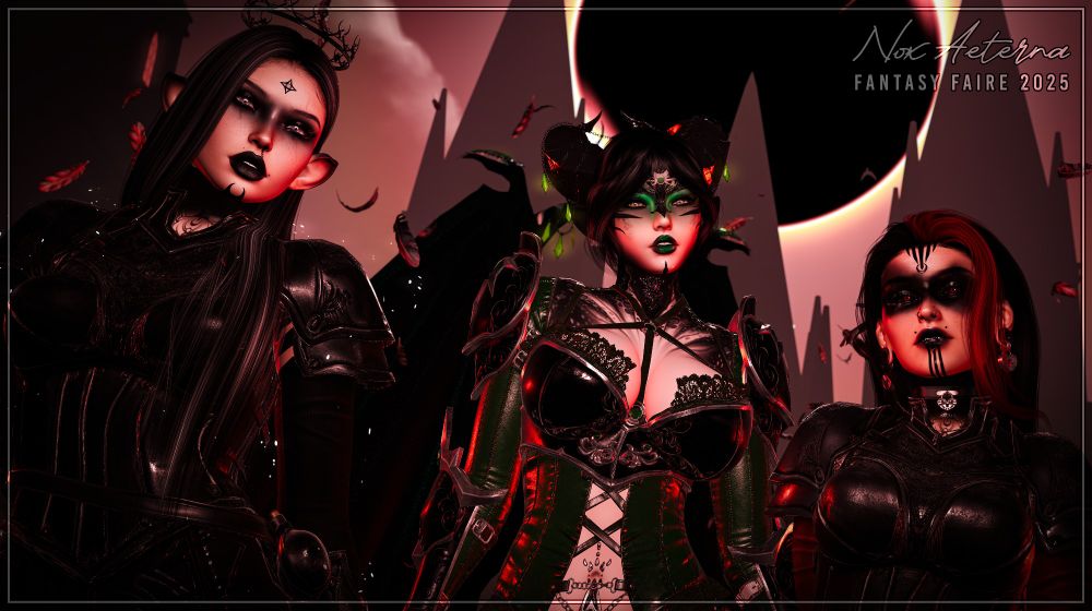 Three people in dark armored clothing stare down into the camera and feathers float down around them from a dark eclipsed sky filled with red haze and a towering castle's towers.
