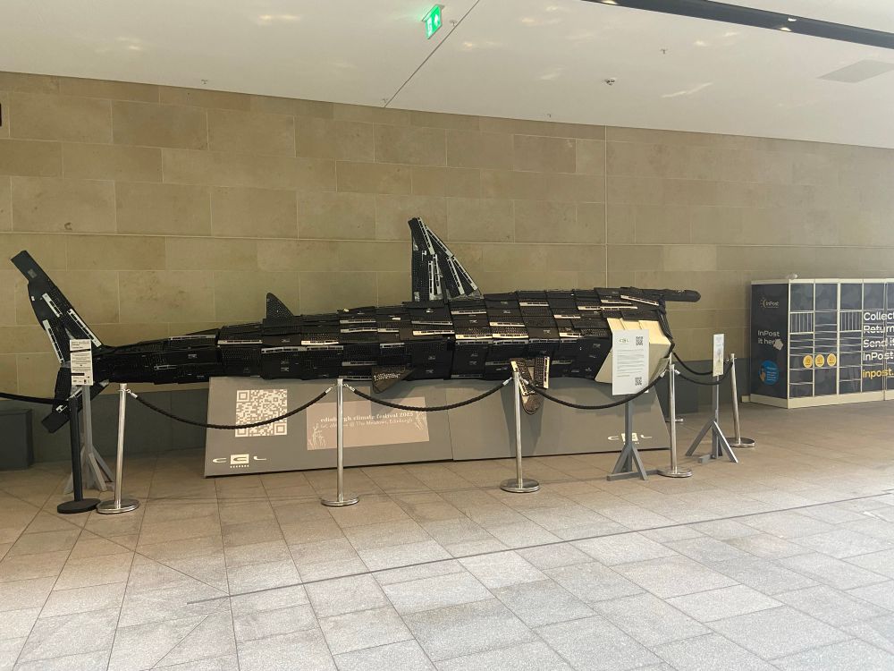 Side view of whale shark sculpture made of discarded electronics, particularly computer keyboards 