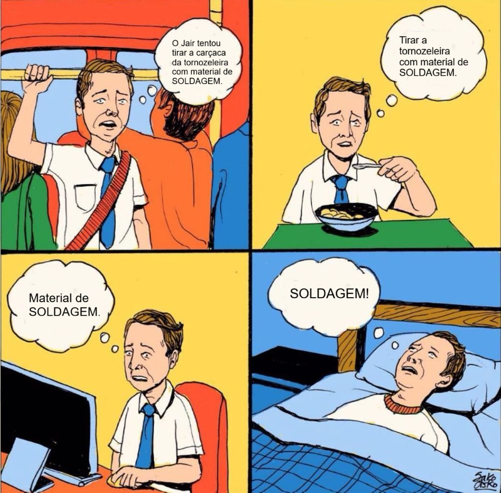 Meme do homem incrédulo lembrando o tempo todo que Jair Bolsanaro tentou violar sua tornozeleira eletrônica com material de soldagem!